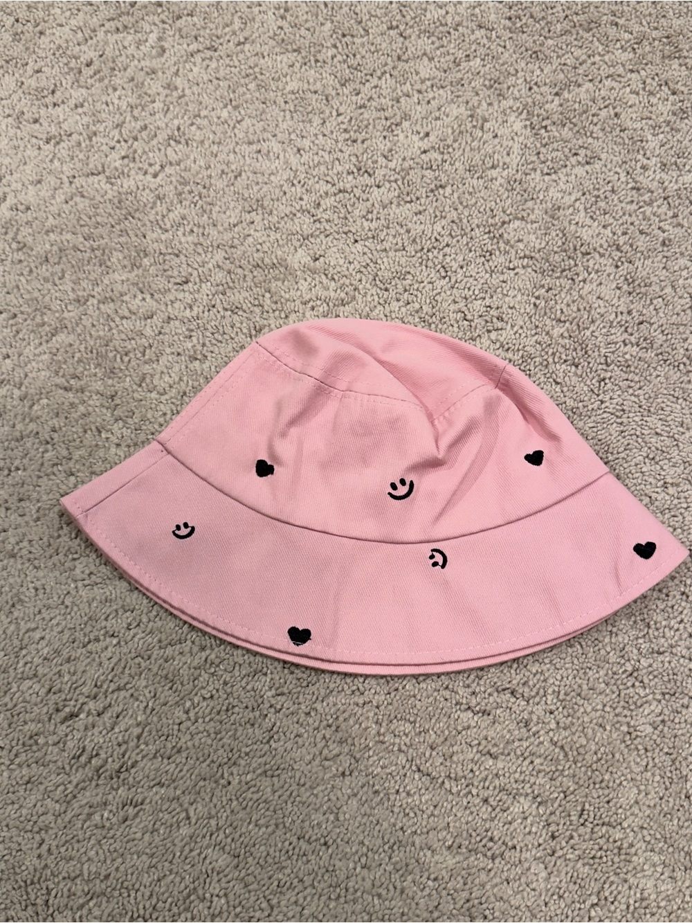 Pink Bucket Hat with Black Smile & Heart Prints